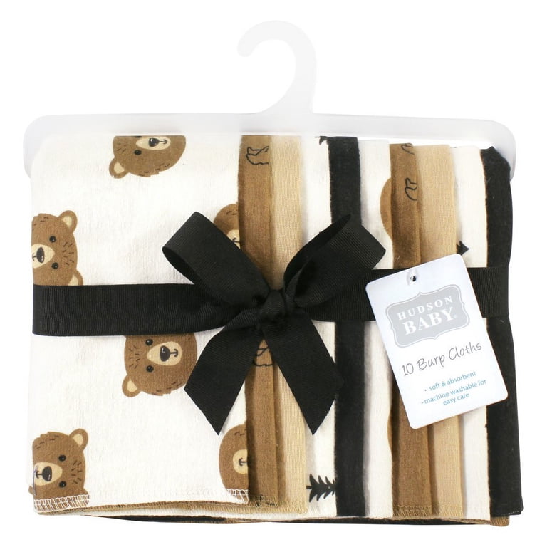 Hudson Baby Unisex Flannel Burp Cloths - 10 Pack, Teddy Bear Design, 100% Cotton For Drool & Spills