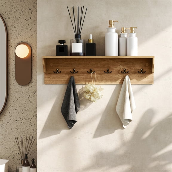 Natural Wood Wall Mount Coat Rack with Shelf 6 Hooks Entryway Organizer Floating Shelf for Keys Hats Bags Towels 110 lb Capacity Mudroom Bathroom Bedroom Storage Space Saving 31.5In Rustic Home Decor