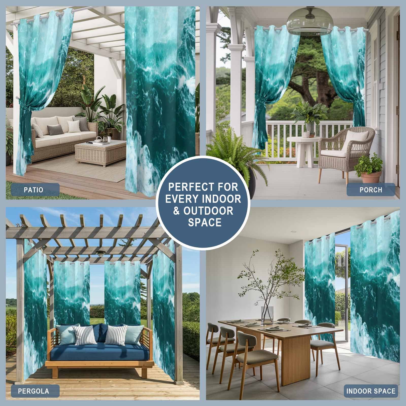 Ocean Waves Outdoor Curtains for Patio, Modern Nautical Dark Green Ocean Waves Sunshade Privacy Drapes Grommet Waterproof Outside Curtains for Porch/Cabana/Balcony 54"x 108", 1 Panel