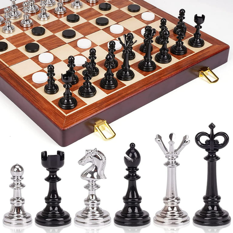 Juegoal 15 Wooden Chess & Checkers Set, 2 in 1 Board Games for Kids and  Adults, with Felted Game Board Interior for Storage, Travel Portable  Folding