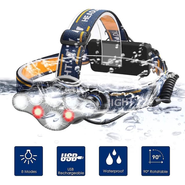 Linterna frontal LED 8 modos Linterna frontal recargable USB 12000 Lumin, Ipx4 a prueba de agua, linterna frontal para pesca, camping, lectura, senderismo, ciclismo