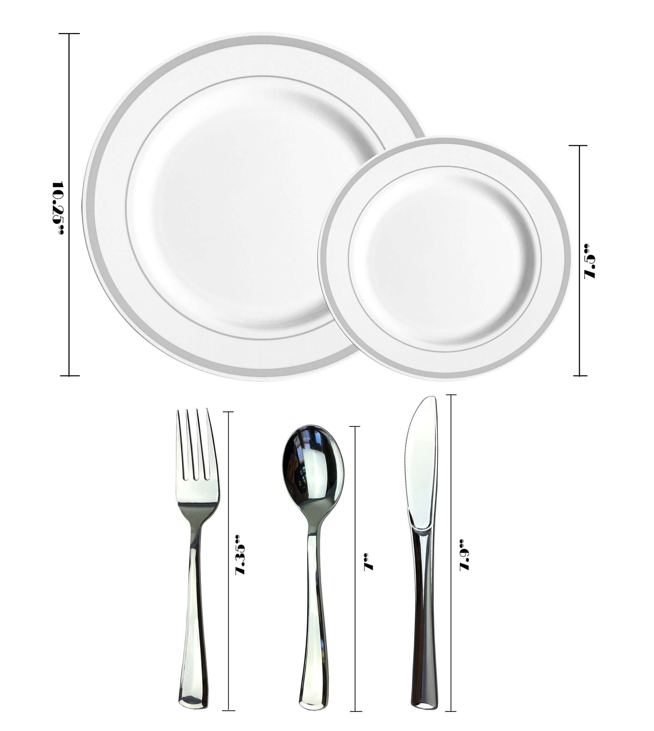 125 Piece Silver Plastic Plates & Cutlery Set - Reusable & Recyclable - Silver Rim Plates & Silverware for Weddings, Anniversaries, Showers, Parties - Dinner Plates, Salad Plates, Utensils 25 Each