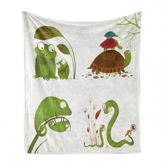 Reptile Soft Flannel Fleece Blanket, Reptile Family Colorful Baby Snake Frog Ninja Turtles Love Mother Family Theme, Cozy Plush for Indoor and Outdoor Use, 60" x 80", Green Brown Red, by Ambesonne