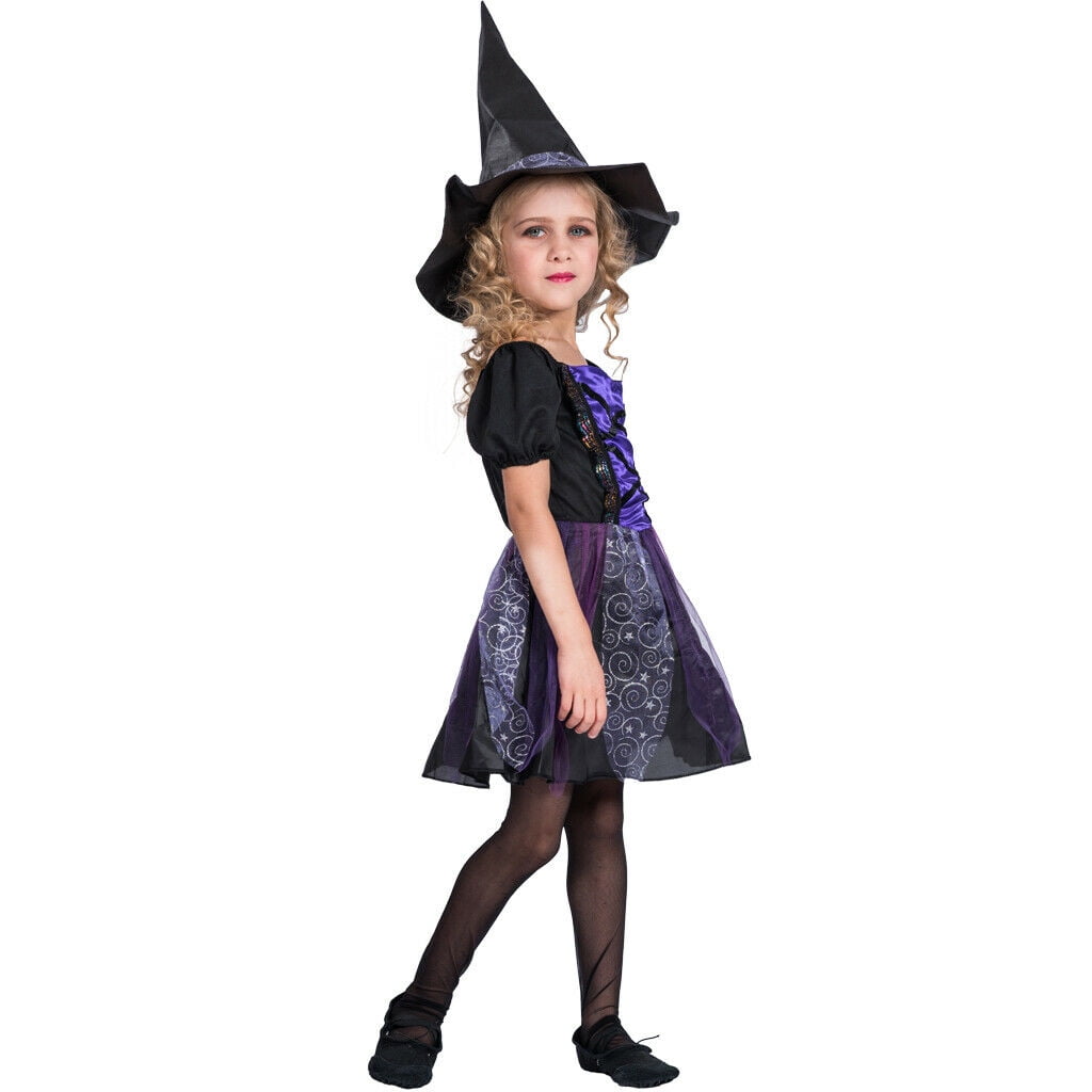 Kids Baby Girls Halloween Costume Purple Witch Clothes Party Dress,L