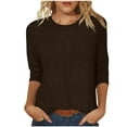 thumbnail image 2 of Otntypg Womens 3/4 Sleeve Crewneck T-Shirts Casual Striped Ribbed Knitted Tunic Tops Loose Lightweight Comfy Basic Solid Color Daily Versatile Blouse Brown M, 2 of 7