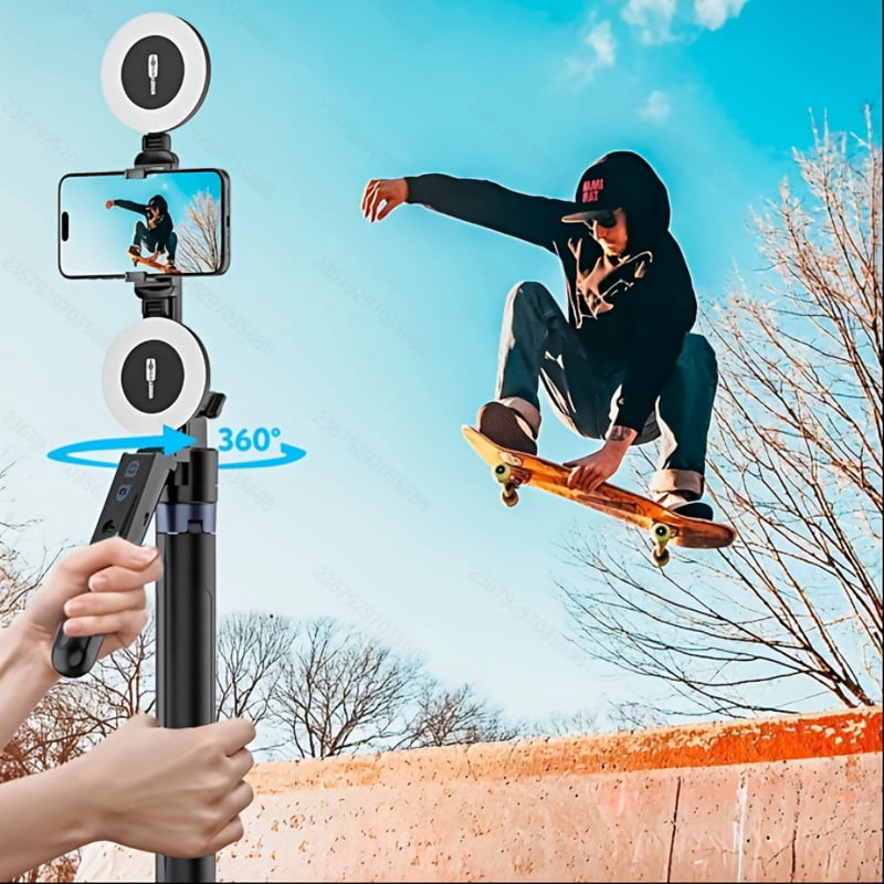 AI Selfie Stick Tripod with Auto Face Tracking, 360° Rotation, Dual Ring Light, Remote, 70" Extendable for iPhone 16/15/14/Pro/Android, Travel Vlog