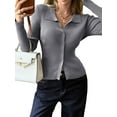 thumbnail image 2 of Women Long Sleeve Button Down Ribbed Knit Cardigan Shirt Casual Slim Fit Collared Sweater Top Dark Grey L, 2 of 8