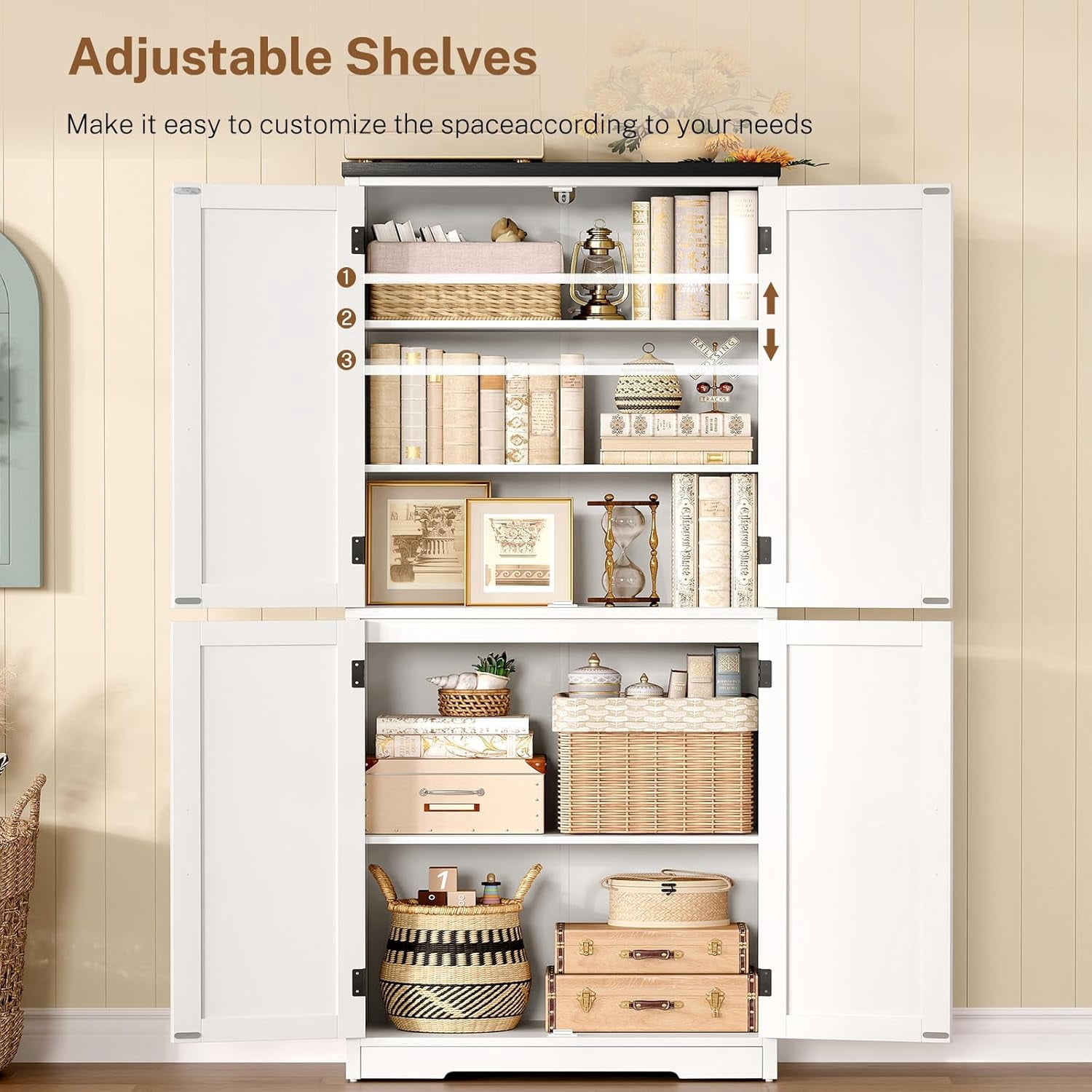 58" H Storage Cabinet with Adjustable Shelf, Farmhouse Kitchen Pantry Cabinet, Bathroom Cabinet with 4 Doors, Cupboard for Kitchen, Bathroom, Living Room