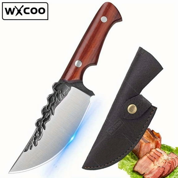 WXCOO Hand Forged Cooking Knife With Knife Sheath Red Pear Solid Wood Handle Boning Knife Pocket Camping Knife Outdoor Stainless Steel Knife Cutting Knife Utility Cleaver Vegetable Chopper For Kitchen