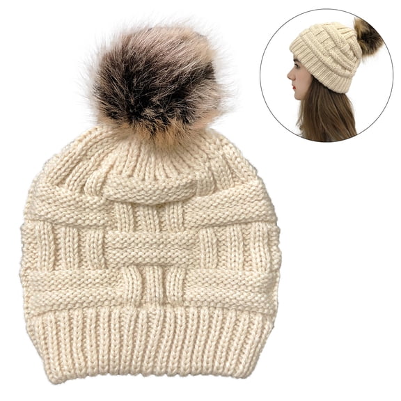 Women Valentines Day Hat Warm Knitted Wool Thick Cap with Ponytail Hole Button Beanie Blends for Masks Holder