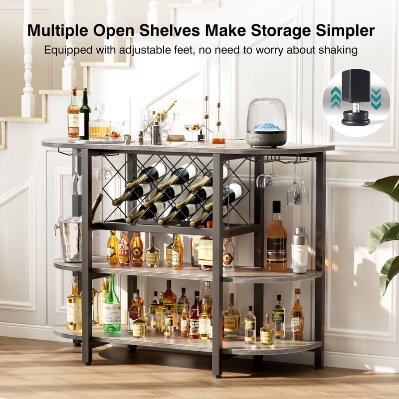 Gianna Bar Cart with Charging Station, LED Home Bar Cabinet with Storage, Metal Small Bar Cabinet, Liquor Cabinet with Glasses & Wine Bottle Holder, Gray