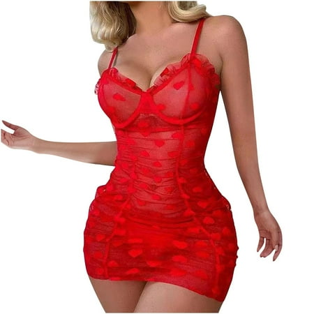 GENGING Women Lingerie Chemises Women Sexy Lingerie Spaghetti Strap V Neck Nightdress Love Print Mesh Babydoll Chemise Teddy Sheath Dress