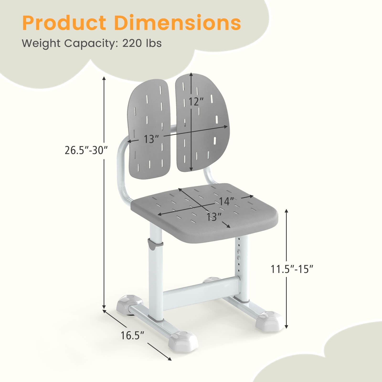 Costway Kids Desk Chair with Adaptive Double Backrest, Adjustable Height, Breathable Seat Gray