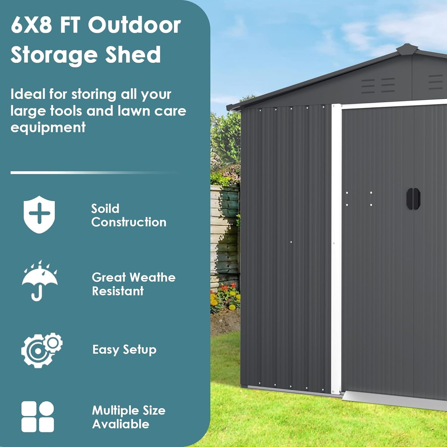 SOLAURA 8'x6' Outdoor Metal Storage Shed Garden Tool Storage Shed with Sliding Double Door - Gray