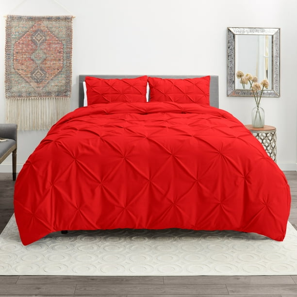 3 Piece Pinch Pleated Duvet Cover Set with Button Closure & Corner Ties