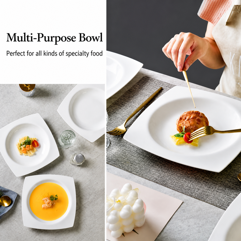 AsterOutdoor Square Plate Set For 6, White Ceramic Dinnerware photo 4