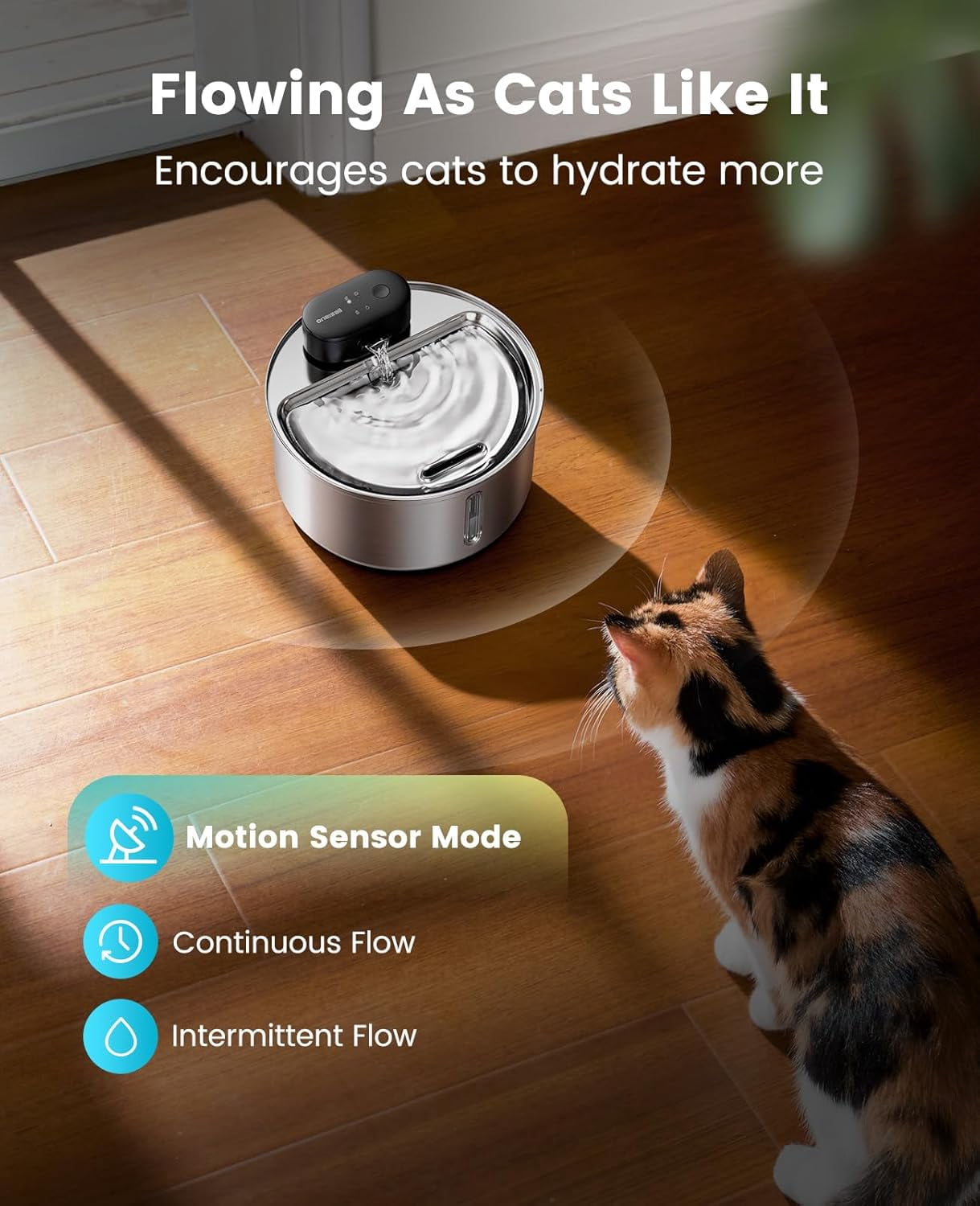 Stainless Steel Cordless Pet Water Fountain 3.2L Ultra Quiet SilentFlow Pump Motion Sensor Automatic Water Dispenser for Cats Indoor