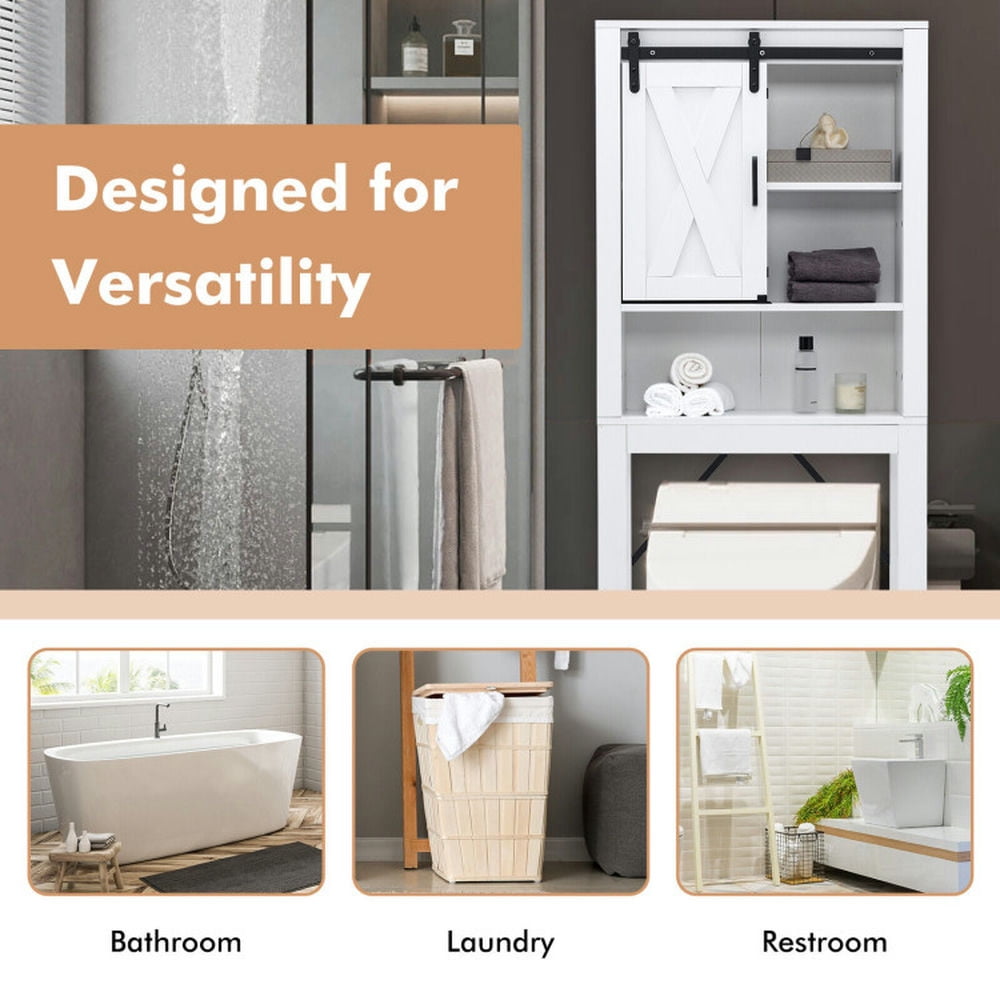 Finihen Toilet Storage Cabinet, Bathroom Cabinet Organizer, 3-Tier Wodden Bathroom Cabinet with Sliding Barn Door and 3-position Adjustable Shelves, for Bathroom, White