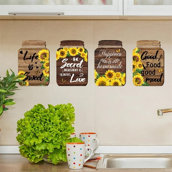 4 Sheets Sunflower Spice Jar Kitchen Wall Stickers,Kitchen Quotes Utensils DIY Wall Decals Removable Vinyl Peel and Stick for Kitchen Dining Restaurant Baking Room Bar Home Decor