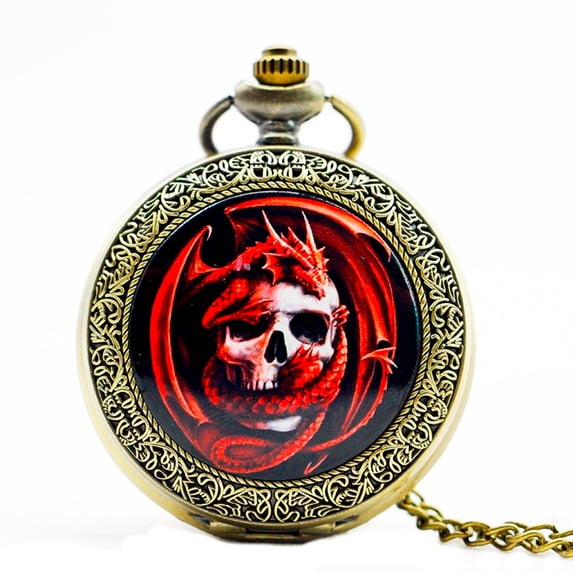 Skull Dragon pocket watch Skull and Red Dragon Copper Antique Color Watch WP-9
