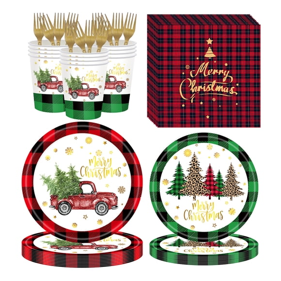 Christmas Tree Disposable Plates Paper Plate Ornaments Paper Plate Buffalo Plaid and Snowflakes - 24 Pack