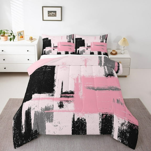 Erosebridal Oil Painting Comforter Sets,Abstract Artwork Comforters & Duvets,Black Pink Bedding Comforter Set,Lightweight Geometric Bedroom Decorative,Reversible,2Pcs