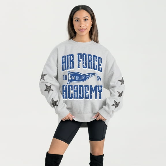 Women's Gameday Couture Ash Air Force Falcons Oversized Pennant Pride Rhinestone Star Sleeve Sweatshirt