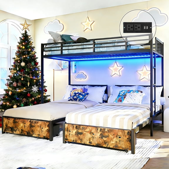 Bellemave Triple Bunk Bed with Storage and LED Lights, Twin Over Twin/Twin Bunk Bed Frame with Charging Station, Separates Into 3 Twin Beds, Heavy Duty Metal Bunk Beds with Drawers for 3(Black Wood)