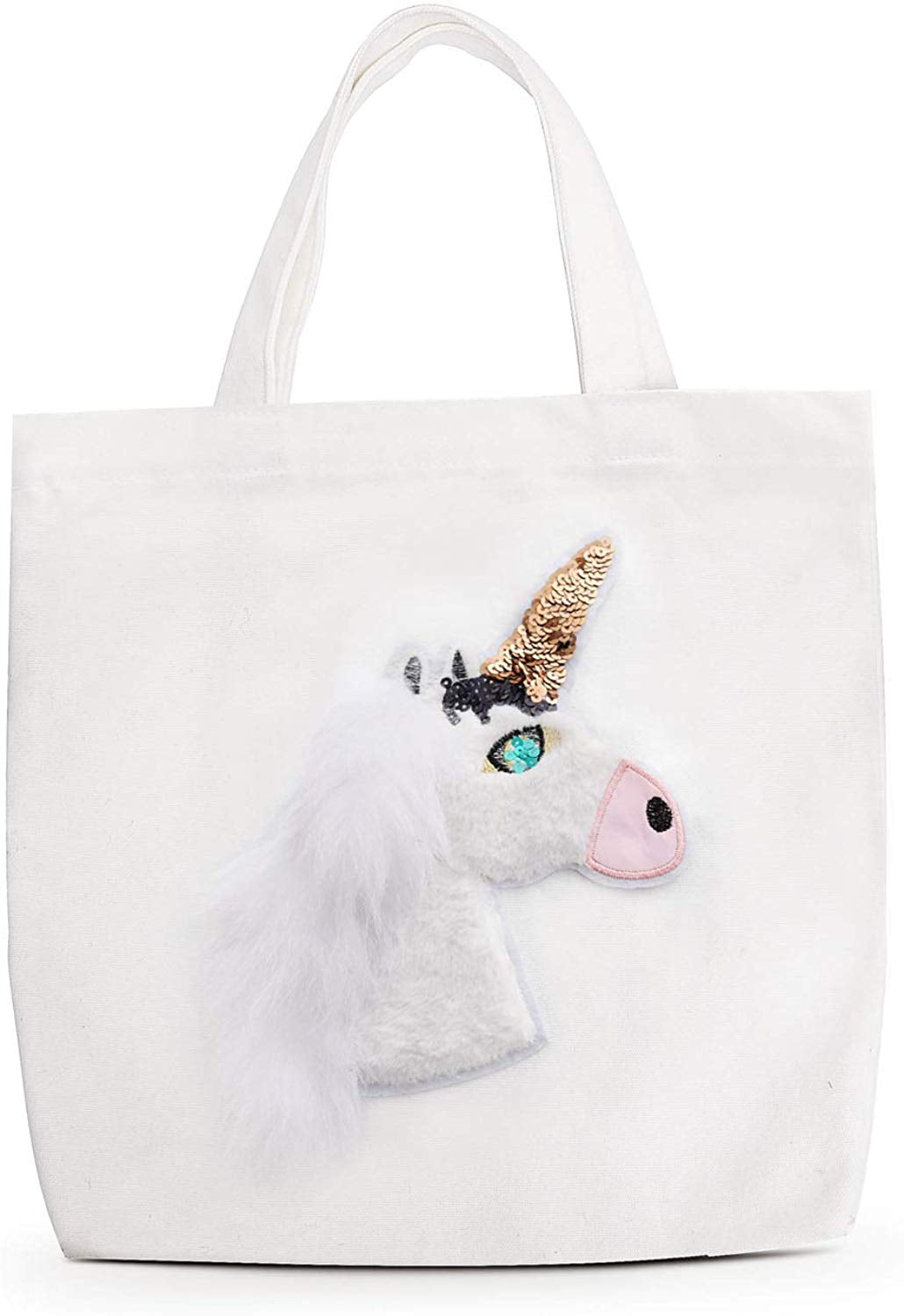 Unicorn Canvas Cotton Tote Bag with Fluffy Fur or Pom Pom Fringe for