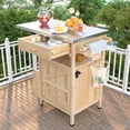 thumbnail image 2 of Outdoor Grill Table with Storage Cabinet and Stainless Steel Top, Kitchen Island Outdoor Grill Prep Table with Movable Door Leaf, 1 Drawer, Towel Rack, Lockable Wheels, for Lawn Garden, Natural, 2 of 9