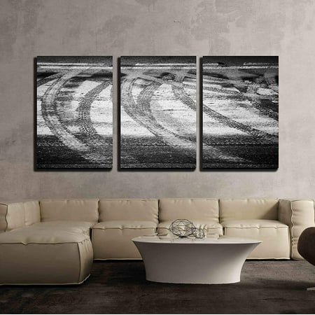 wall26 - 3 Piece Canvas Wall Art - Turning Wet Tire Tracks and Line Marking on the Asphalt Road - Modern Home Decor Stretched and Framed Ready to Hang - 16