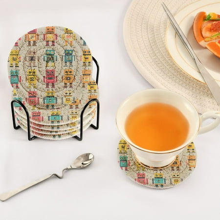 

Robots Pattern Design Set of 6 Durable Woven Polyester Coasters with Black Storage Rack 4in