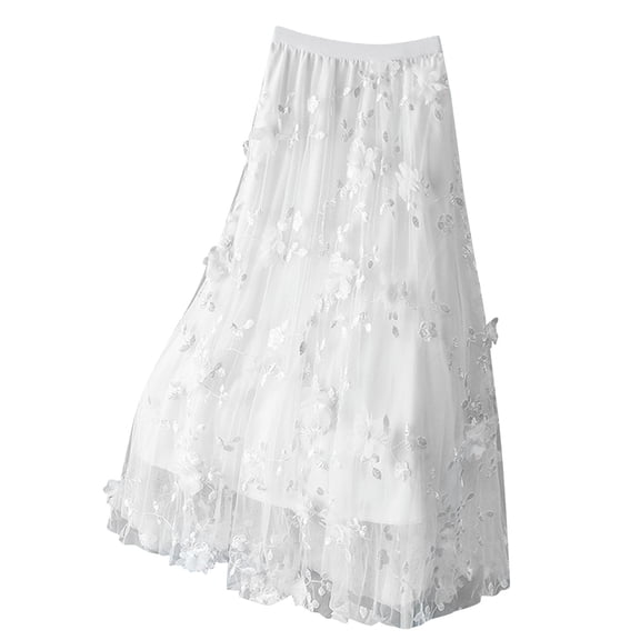 Miluxas Womens Floral Tulle Skirts Elastic High Waisted A-Line Mesh Skirt Embroidery Layered Fairy Skirts Party Casual Outfits White