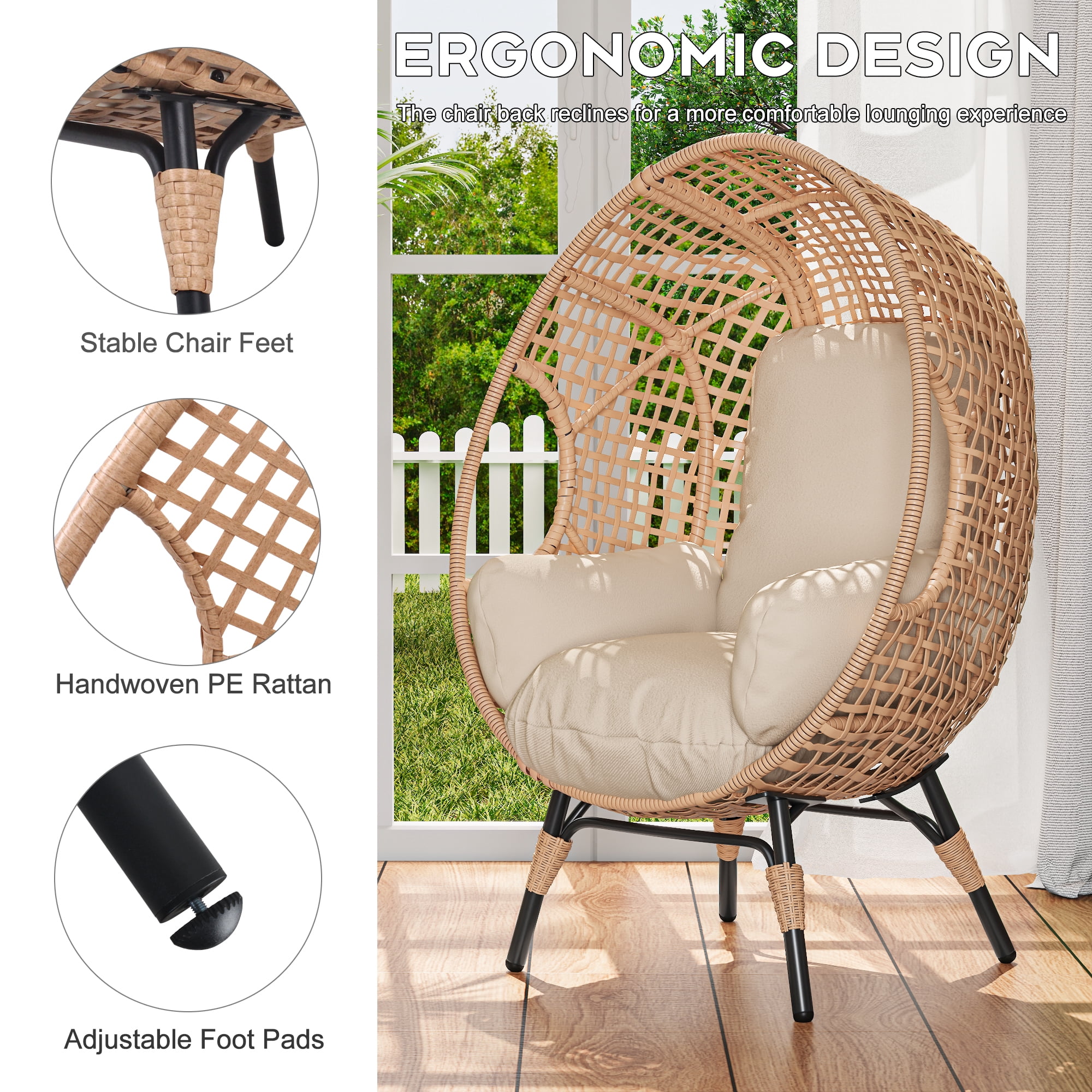 Hanging Swing Chair, 400LBS Arc Back Cushion Chair for Outdoor Garden Patio, Natural