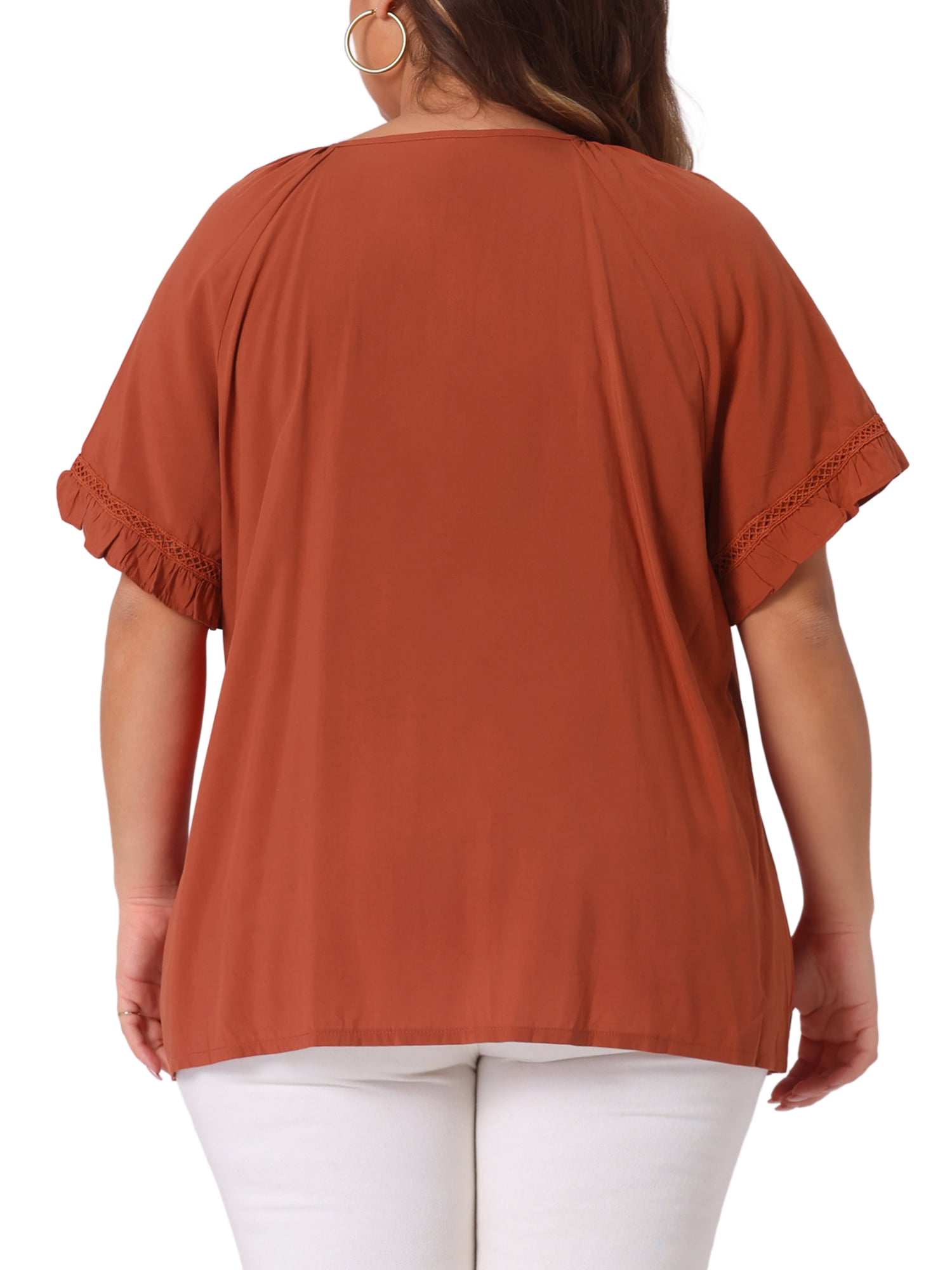 DARING DIVA Women's Plus Tie Neck Ruffle Short Sleeves Blouse 1X Caramel