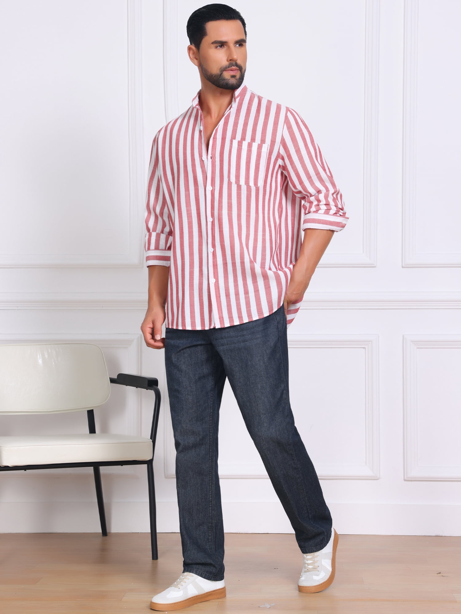 DARING DIVA Men's Striped Stand Collar Long Sleeve Button Down Shirt L Red