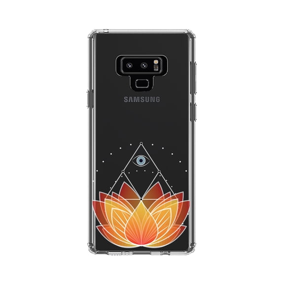 DistinctInk Clear Shockproof Hybrid Case for Samsung Galaxy Note 9 - TPU Bumper, Acrylic Back, Tempered Glass Screen Protector - Lotus Flower and Third Eye