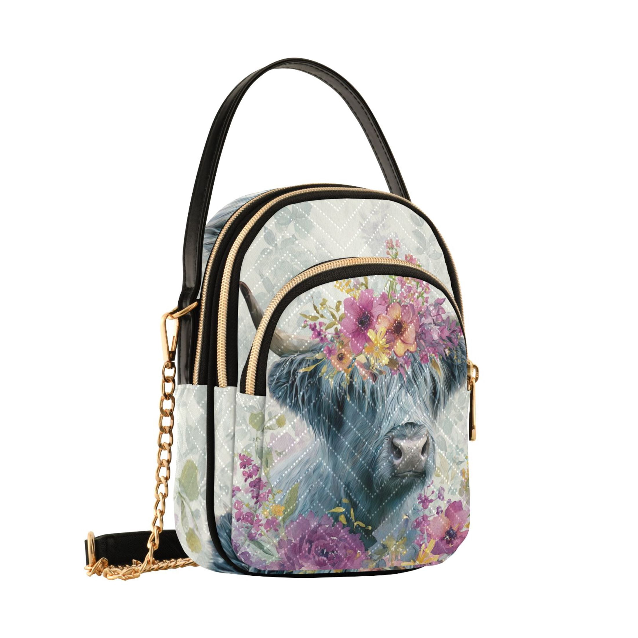 Quilted Women's Crossbody Bag Purses and Handbags with Detachable Leather Strap Highland Cow with Wildflowers