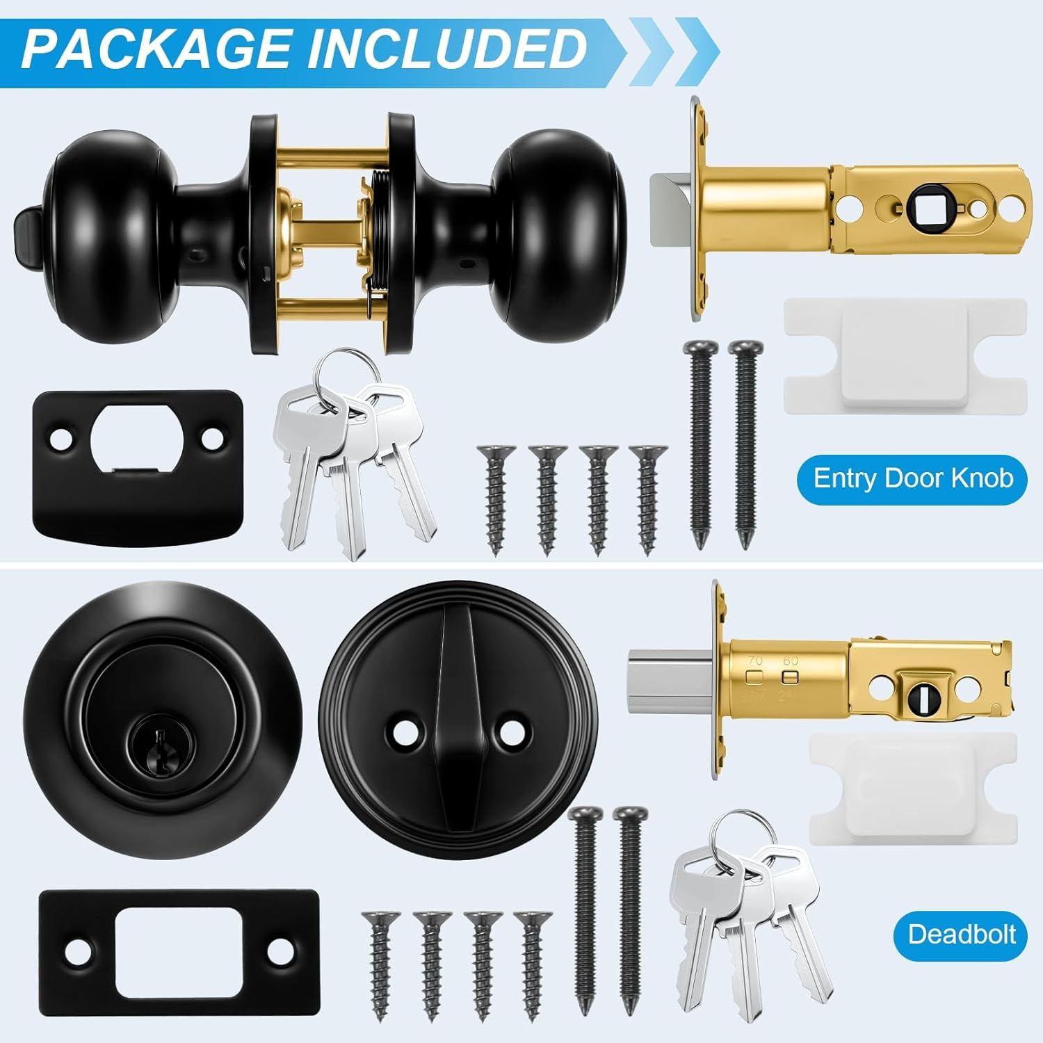 3 Pack Front Door Lock Set Matte Black,Exterior Door Lock Set with Deadbolt,Single Cylinder Deadbolt Lock and Door Knob Set,Keyed Alike Door Knobs with Lock&Keys,Round Ball Entry Door Lockset