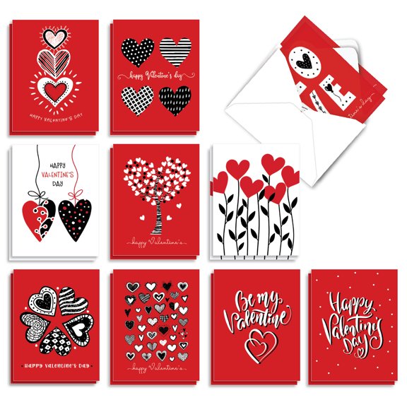 20 Valentine's Day Note Cards Boxed (10 Designs, 2 Each) - Black and White and Red All Over Valentine's Day (4" x 5.12") AM9190VDG-B2x10