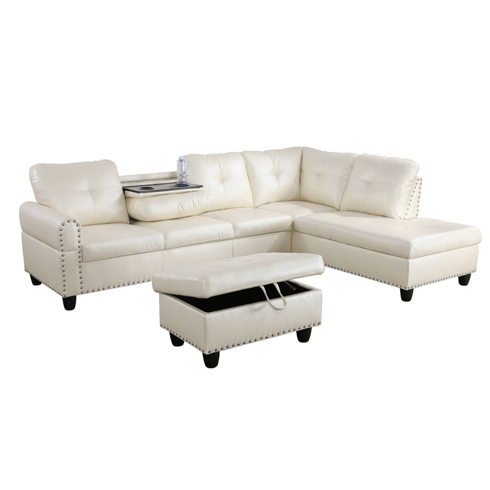 Modern L-Shaped Sectional Sofa Set with Left Chaise & Ottoman - Faux Leather Tufted Modular Couch for Living Room, White