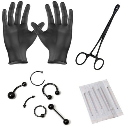 - Professional Body Piercing Kit Belly Button, Tongue, Eyebrow, Nipple, Lip, Nose, 6 Needles, Pair of Gloves and Metal Forceps