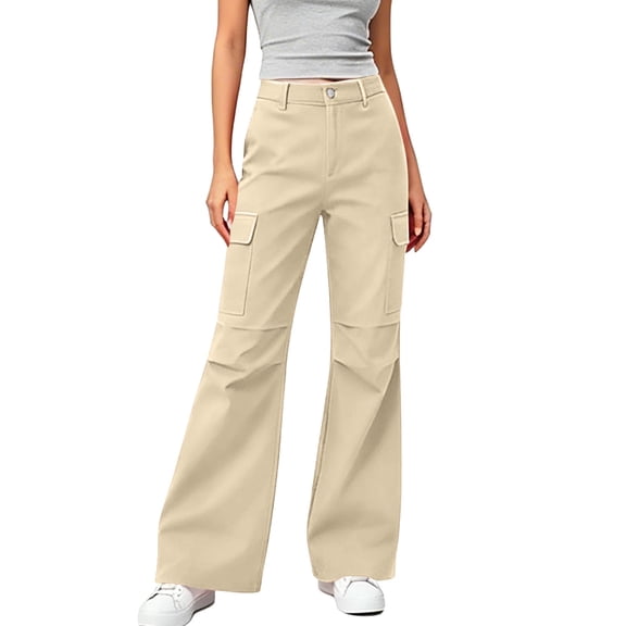 cocolona Womens Casual Flare Cargo Pants Solid Color Elastic Waist Wide Leg Travel Pants with Pockets