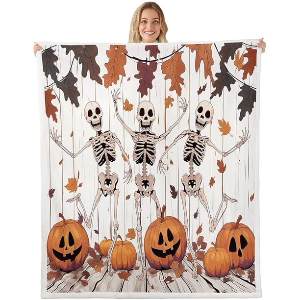 Manta de Halloween con diseño de gnomos y linternas de calabaza para decoración de habitaciones de niños, niñas, niños y adolescentes, manta con estampado de hojas de arce y copos de nieve, manta