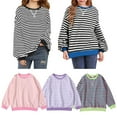 thumbnail image 7 of GYRATEDREAM Girls Striped Crewneck Sweatshirt Kids Cotton Long Sleeve Oversized Fashion Pullover Tops Children Fall Winter Clothes Purple for 6-14 Years, 7 of 7