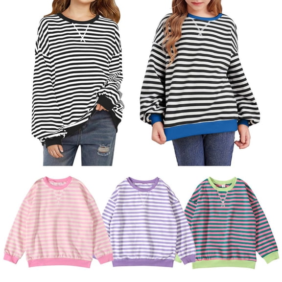 Teens Girls Casual Oversized Striped Hoodie Sweatshirt Crew Neck Long Sleeve Blouse Shirts Loose Fit Pullover Tops Fall Shirt 6-14 Years