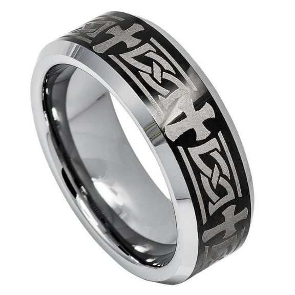 Custom Personalized Engraving Wedding Band Ring Set for Him & Her - 8mm Beveled Edge Ring with Celtic Cross Engraved on High Polished Shiny Black IP Plated Center