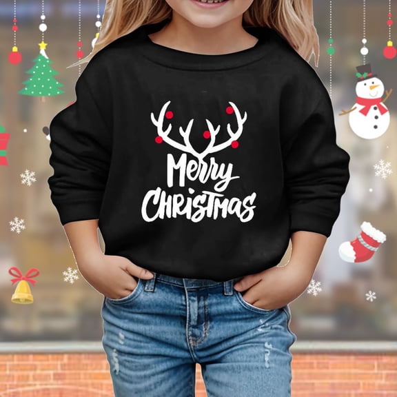 Crewneck Sweatshirt Boys Girls Christmas Letter Hoodless Long Sleeve Pullover Black 4-5 Years