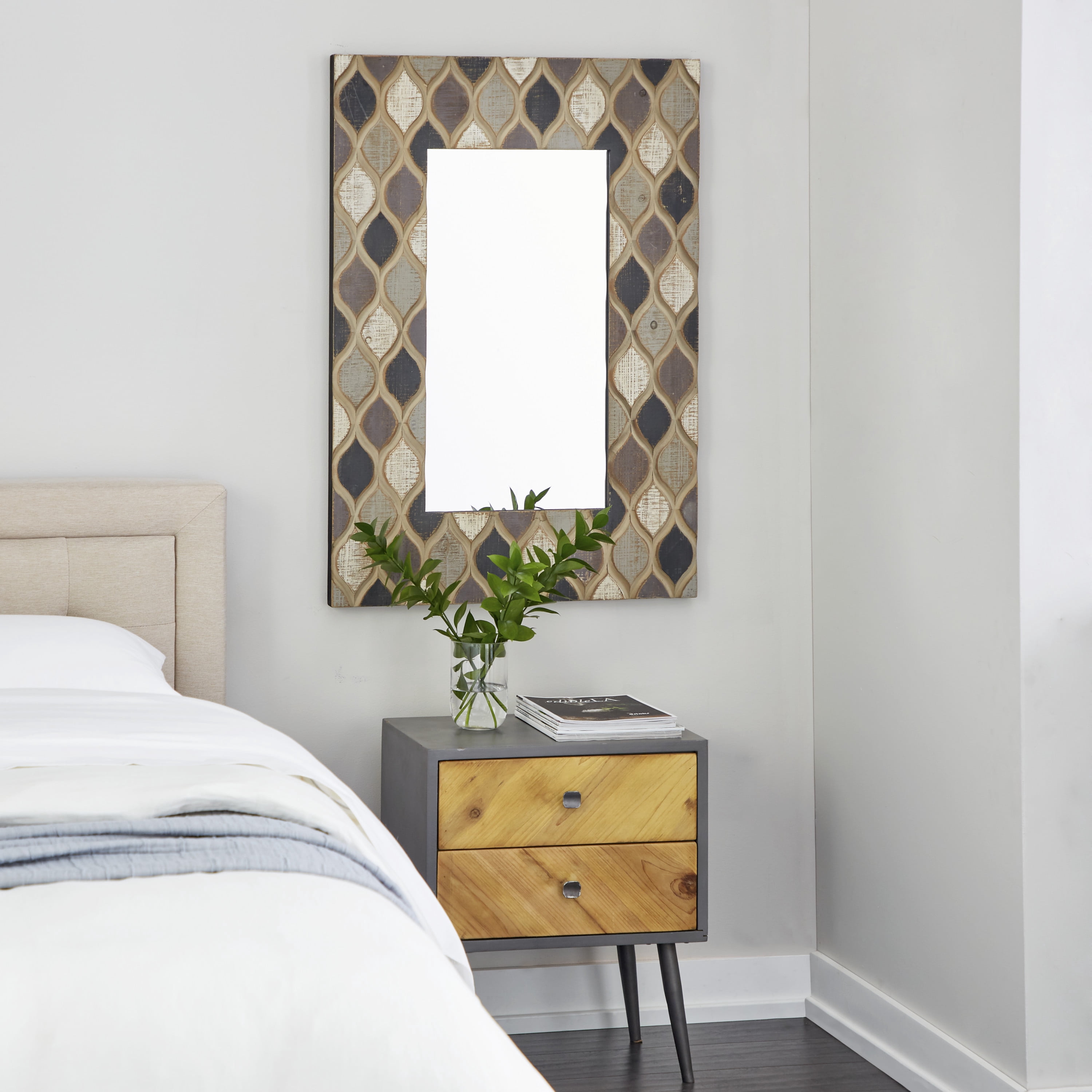 DecMode 28" x 40" Beige Wall Mirror with Diamond Pattern
