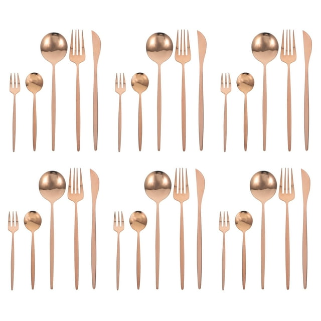 Juego de vajilla de acero inoxidable de 30 piezas con tenedores, cucharas, cuchillos y cubiertos de oro rosa. Utensilios para servir.
